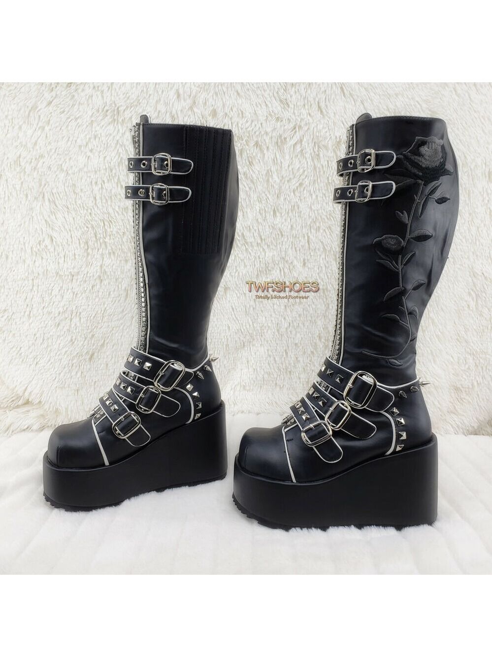 NIB DEMONIA Concord Black Platform Rose Goth Studded Knee Boots 4" Wedge - Picture 7 of 12